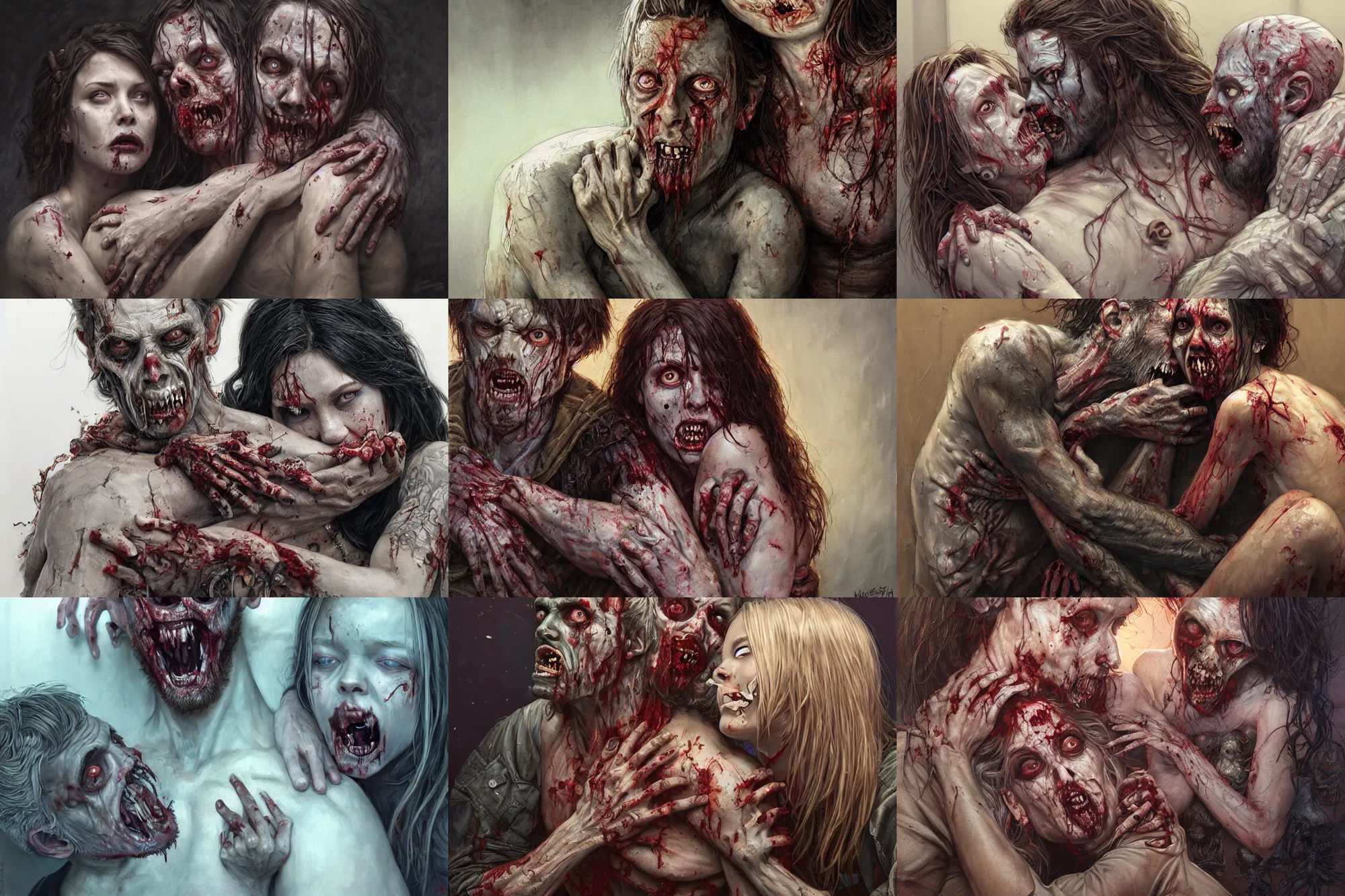 Prompt: zombie man sitting on the floor while devouring a woman, hugging each other in living room of a modern house | highly detailed | very intricate | symmetrical | cinematic lighting | award - winning | closeup portrait | painted by donato giancola and mandy jurgens and rossdraws and karla ortiz | featured on artstation