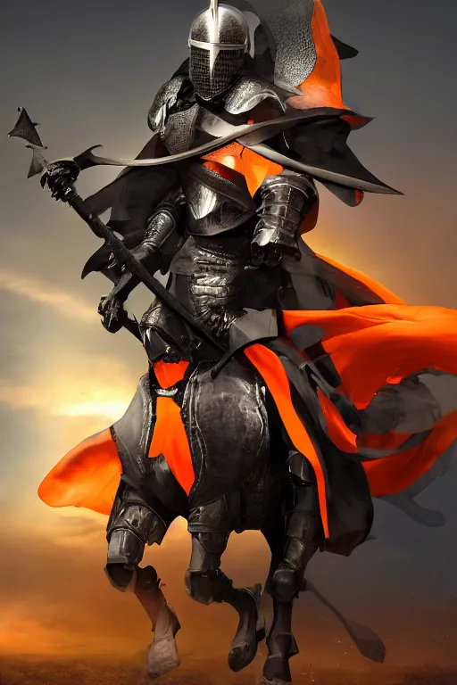 Image similar to a digital photograph of an african american knight in heavy black parmor with orange trim, wearing a black elegant cape flowing in the wind, the knight holds a black sword in one hand, the knight is riding a black horse with mechanized armor who is gallaping, extremely detailed, unreal engine, concept art, 8 k