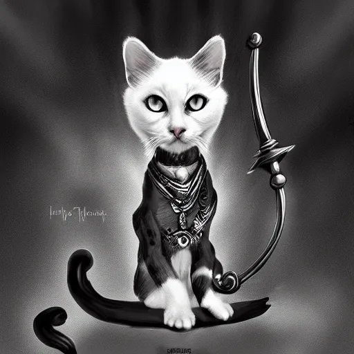 Prompt: fantasy black and white cat holding magic staff, high detail, digital art, concept art, 4k