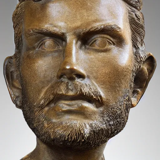 Prompt: detailed photo of an old bronze patina statue of a ewan mcgregor bust, intricate detail, museum lighting