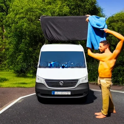 Prompt: stock image of man washing amazon van with microfibre cloth, the van is very clean and you can only see the bonnet and his arm which is cleaning. the lighting is dynamic, stock photo 3 5 mm 8 k photorealistic, close up