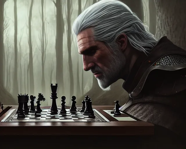 Image similar to 5 5 mm portrait photo of geralt playing chess. magical atmosphere. art by greg rutkowski. highly detailed 8 k. intricate. lifelike. soft light. nikon d 8 5 0.