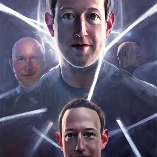 Image similar to portrait of elon mus, mark zuckerberg and jeff bezos together, together, very detailled, art contest winner on behance, trendy on deviant art, by by artgem, greg rutkowski