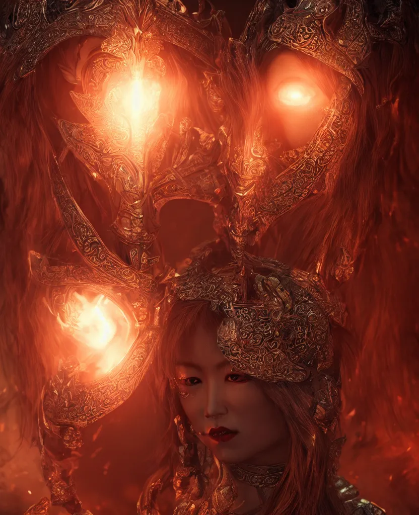 Image similar to ancient mongolian evil goddess portrait. burning magical halo. cinematic light. rendered in octane render. trending on artstation and cgsociety. depth of field. intricate ornaments