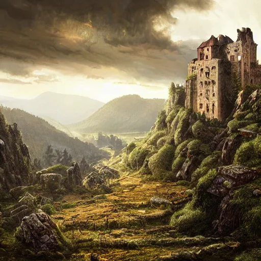 Image similar to A vast verdant empty valley surrounded by Transylvanian mountains. A medieval castle in ruins on the mountainside. Accurate details, dramatic lighting, golden hour, stormy weather, intricate, highly detailed, digital painting, artstation, concept art, sharp focus, illustration, art by Gustave Dore, octane render