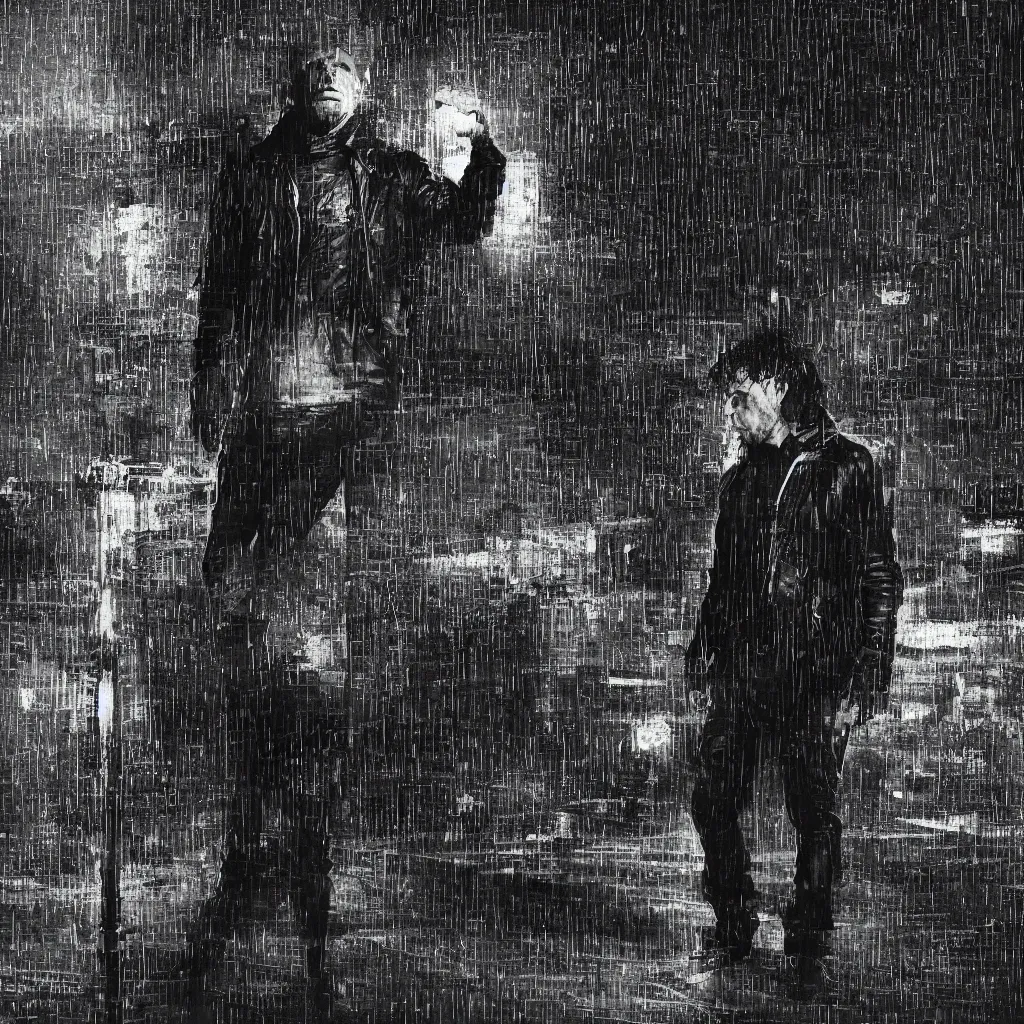 Image similar to Joe Rogan wearing a black leather jacket, leaning against a streetlight at night, gritty atmosphere, digital art, lit from above, raining