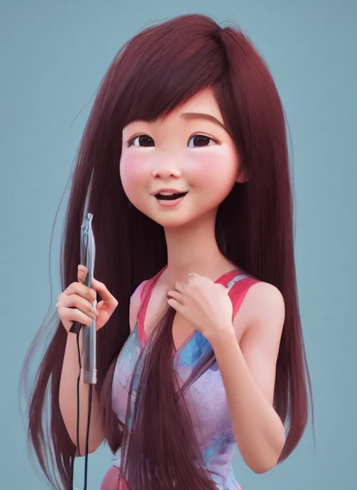 Image similar to a cute asian girl singing, flowing hair in the style of pixar animation, full body shot, viewed from bellow, award winning, hyper detailed, studio lighting, artstation, octane renderer, unreal engine