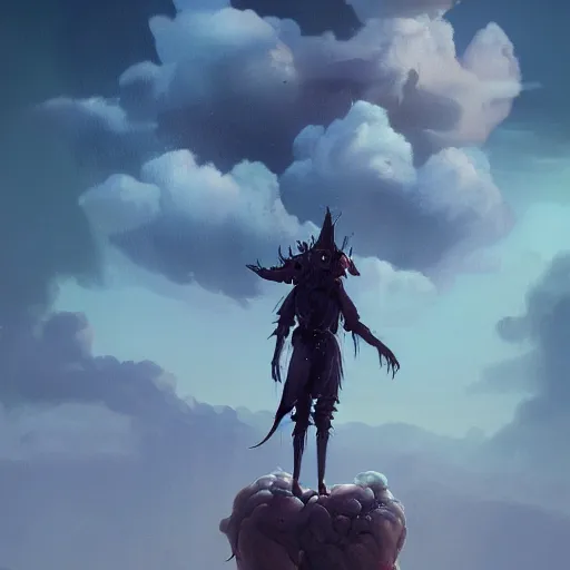 Prompt: a digital painting of a humanoid monster standing in the sky, concept art by simon stalenhag and peter mohrbacher cgsociety, vanitas, ominous, lovecraftian, speedpainting, apocalypse art. mist. hyper - realistic. photo realistic. octane render. detailed masterpiece. extreme wide shot.