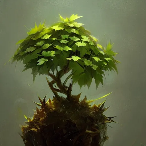 Prompt: High quality painting of a small green plant with a thick stem and sharp thorns by Greg Rutkowski and Thomas Kinkade trending on artstation