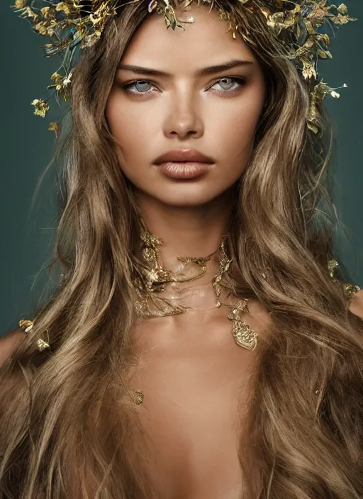 Image similar to an oil on canvas portrait! face-close-up of Adriana Lima as Galadriel , wavy hair covered by an orchid floral crown. The royal dress is made of intricate gold and silver threads with jewellery, composing complex geometrical patterns, zenithal lighting, shot on 70 mm, by Alina Ivanchenko and Hirothropologie and Patrick DeMarchelier .