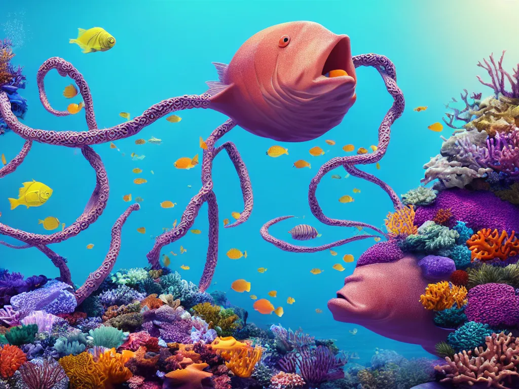 Prompt: a sculpture of fish ocean intertwined, diode lighting, a lovely cornucopia of flowers and human body parts, body parts, highly detailed, octane render, cinematic, sharp focus, clean, studio lighting, sunset, great barrier reef