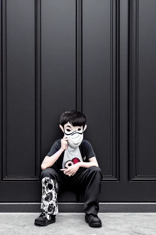 Image similar to boy with tomodachi mask sittin alone near black door. octopus, photorealistic, smooth, 4 k, aesthetic lighting, baroque object, hyperdetailed, professional photography, pullitzer winning, photo by : canon eos 5 d mark iv, by karah mew and adnan abidi