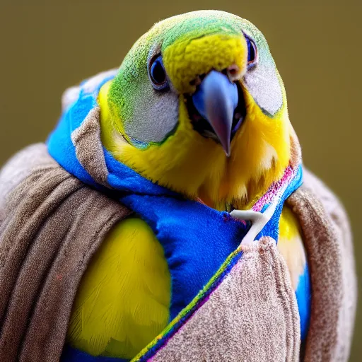 Prompt: a parakeet wearing a Winnie the Pooh hoodie, photo