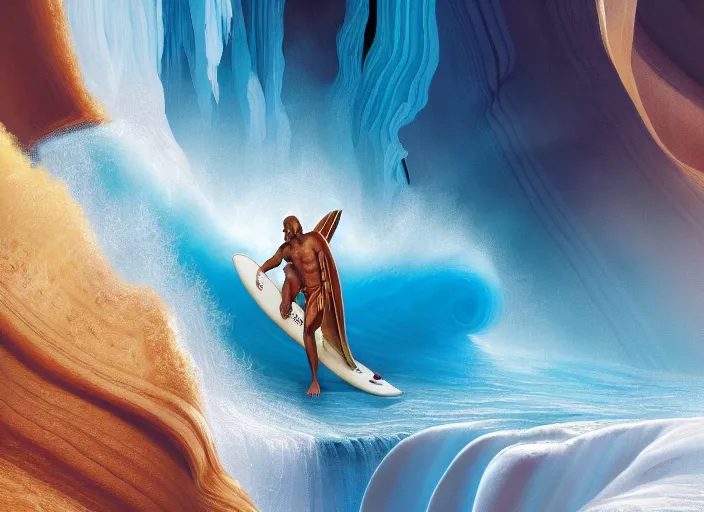 Prompt: a beautiful digital painting of a Samrurai in a white and royal blue luxurious battle suit surfing a tsunami at Antelope Canyon on a chic surfboard at Pamukkale, thermal waters flowing down gold travertine terraces by greg rutkowski, award winning photo, trending on artstation, highly detailed, unreal engine, octane render