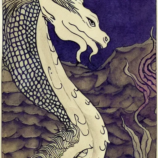 Prompt: the dragon lord of dreams watercolour painting by Aubrey Beardsley