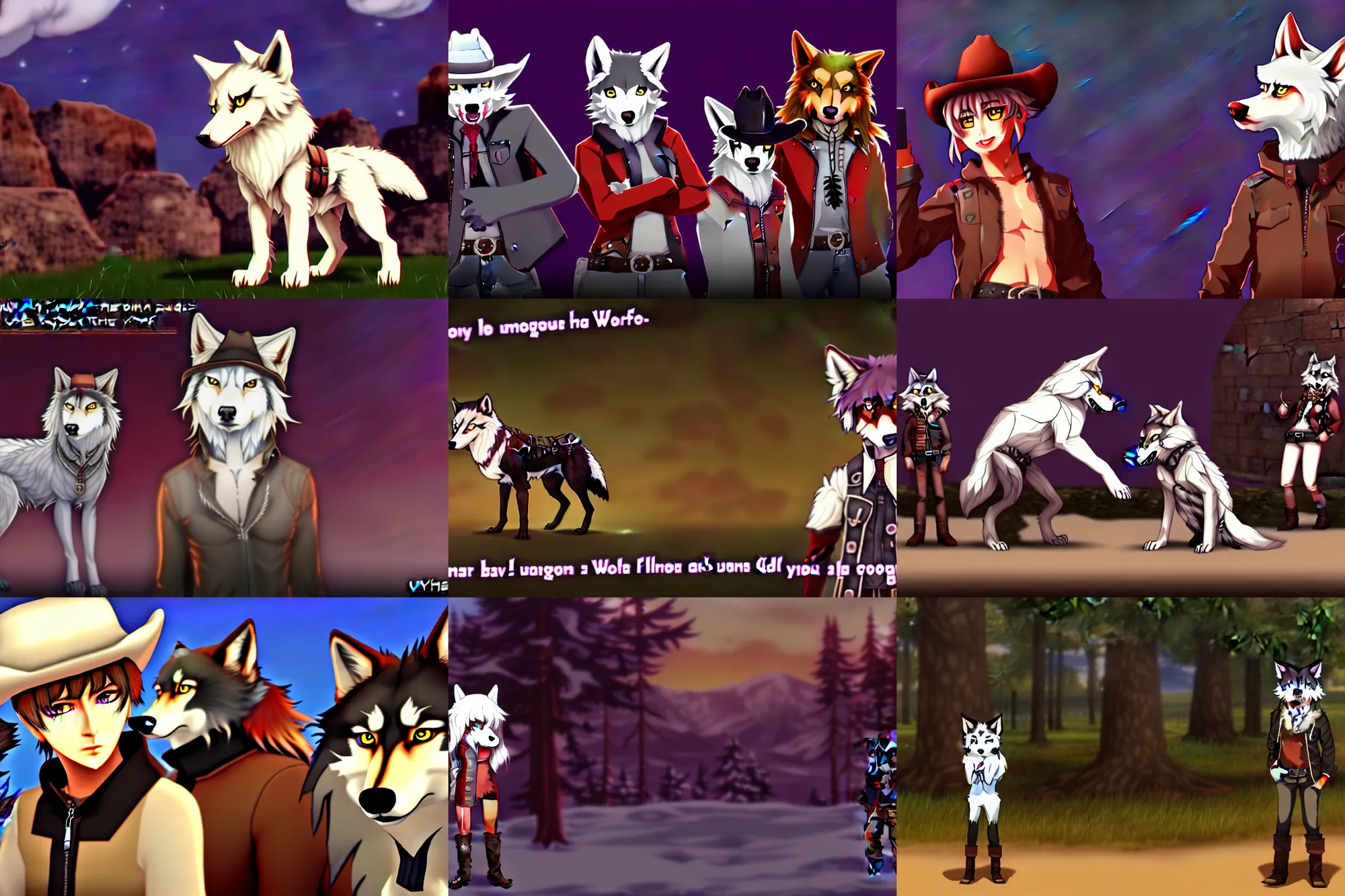 Prompt: furry - wolf - cowboy - fursona uhd ue 5 visual novel pc game screenshot : awoo