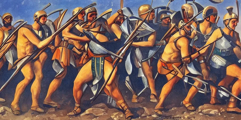 Image similar to italian futurism style painting of greek hoplites at war