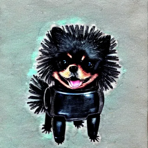 Image similar to a cute black robot pomeranian!!!. ( ( ( alcohol ink on parchment, muted colors, shading!!!, detailed, textured parchment background, 1 9 5 0 s concept art ) ) )
