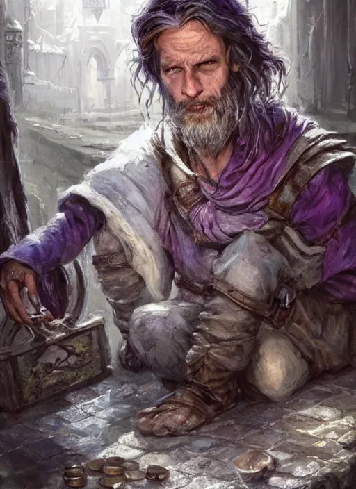 Prompt: poor beggar on the streets, bright, white, ultra detailed fantasy, dndbeyond, bright, colourful, realistic, dnd character portrait, full body, pathfinder, pinterest, art by ralph horsley, dnd, rpg, lotr game design fanart by concept art, behance hd, artstation, deviantart, hdr render in unreal engine 5