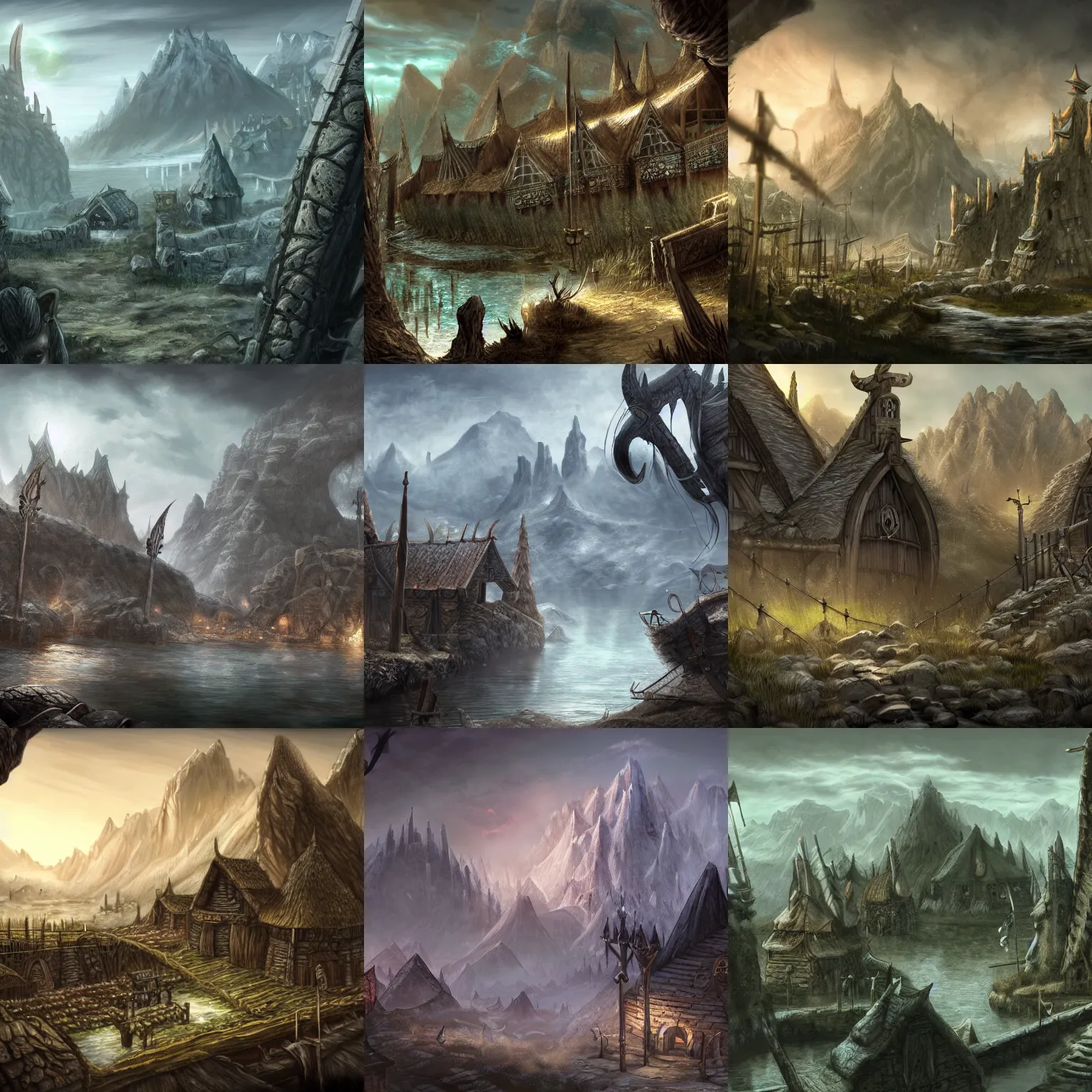 Prompt: viking city, fantasy, skyrim, forested, trending on art-station, high definition, dungeons and dragons, award-winning art