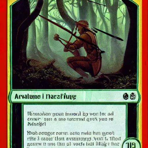 Prompt: magic the gathering card, archers in mystical forest