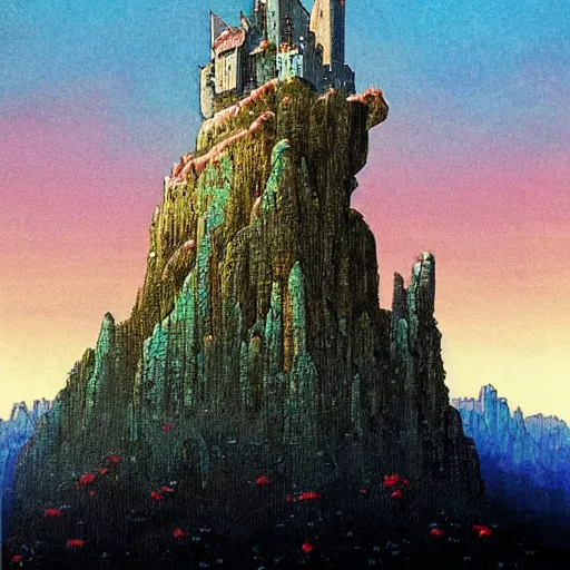 Image similar to a beautiful painting of a large stone castle sitting atop a magic forest mountain with a sky filled with multicolored stars by moebius and bruce pennington, studio ghibli art, gradient shading