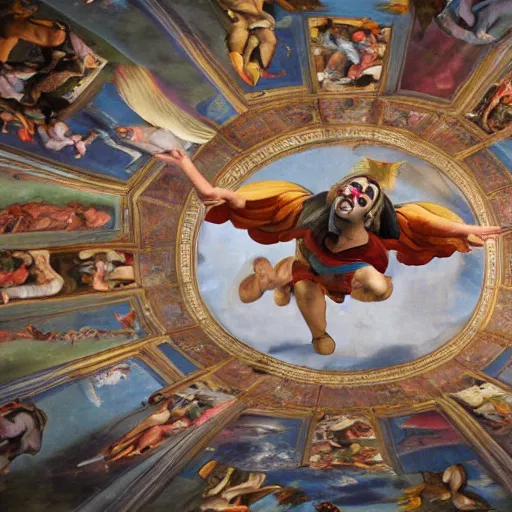 Image similar to An archangel dressed as a clown hovers in the sky, Sistine Chapel fresco art style. 8k