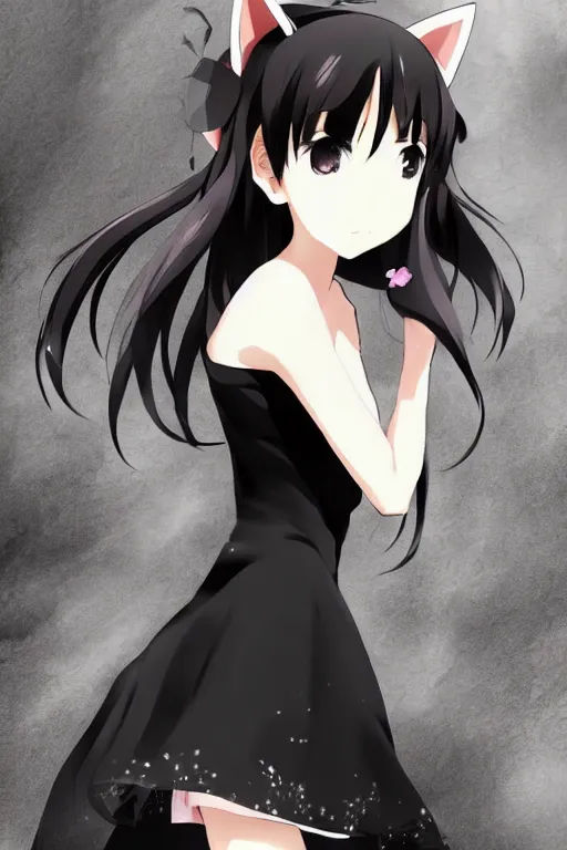 Image similar to anime girl with cat ears wearing a black dress, anime style, gorgeous face, by makoto shinkai, by wenjun lin, digital drawing, video game art