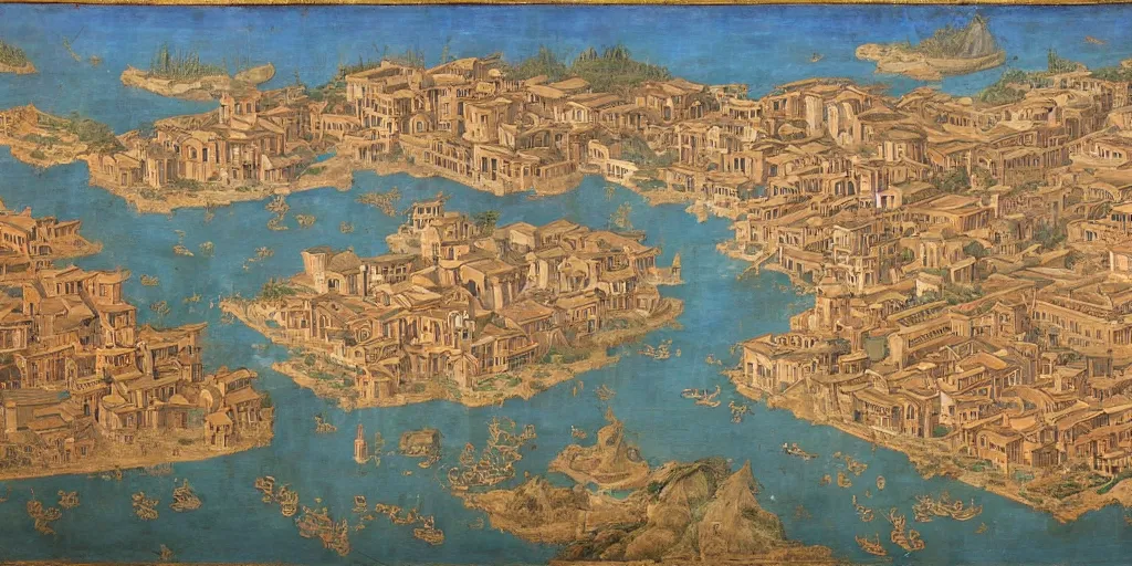 Prompt: A huge ancient Chinese port city, oil paintings, late medieval art, 13th century paintings, Siena school, Giotto, Marco Polo, highly detailed and impressive, 8k