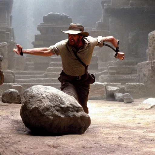 Image similar to Indiana Jones running from rolling boulder trap in ancient temple, raiders of the lost ark movie scene