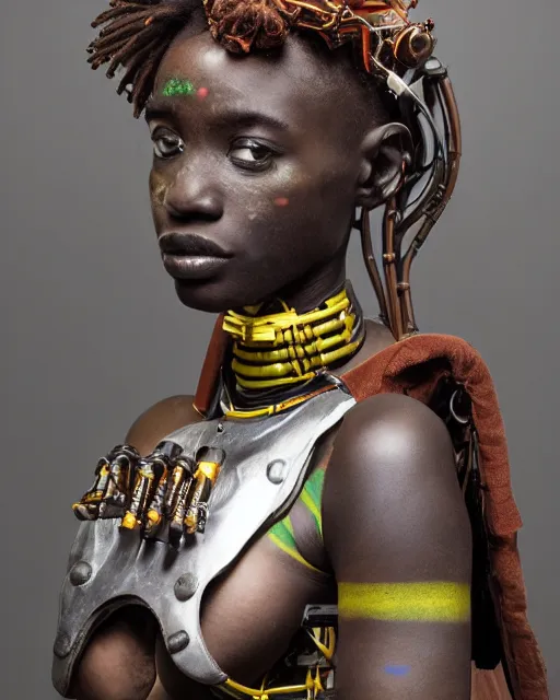 Prompt: beautiful afrofuturistic himba women holding her helmet, otjize, led detailed spacesuit, himba hairstyle, robotic arms, hyperrealistic, scifi, retouched photograph, dark, muted colors