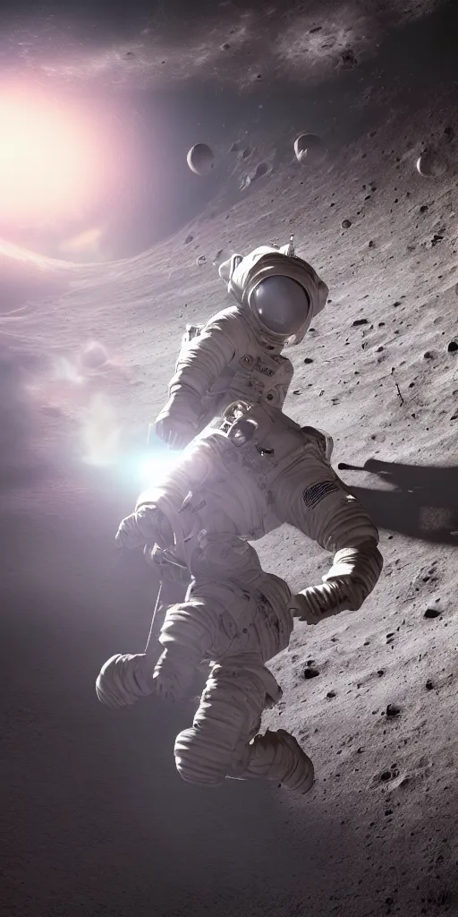 Prompt: concept art, an american astronaut landing on the moon, backlight, f 3 2, high detail, octane rendering, unreal engine.