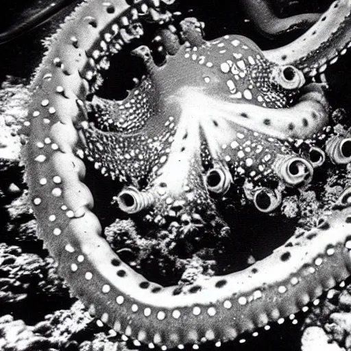 Image similar to 1 9 7 0 s vcr tape underwater rov footage, dark, blurry octopus