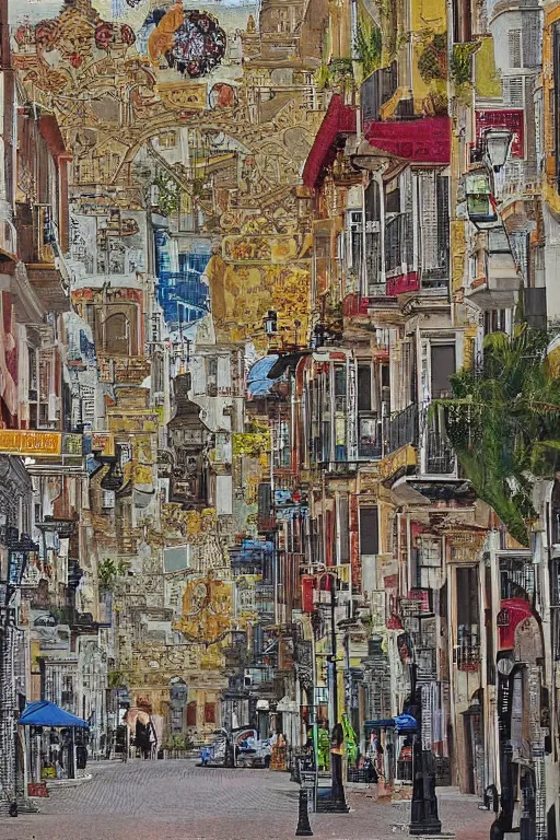 Prompt: cross stitch design calle triana in las palmas, hyperdetailed