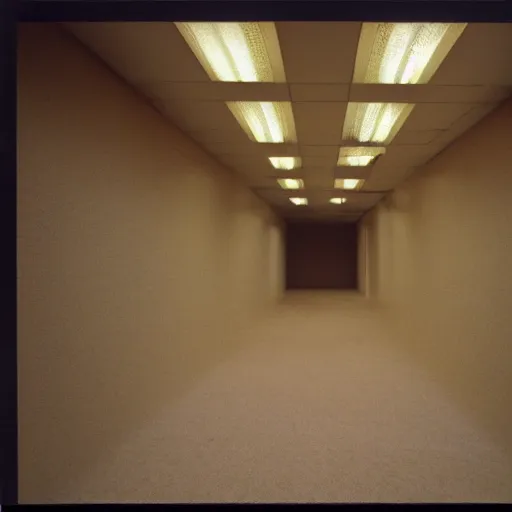 Image similar to a wide - shot photo of dry walls positioned randomly in between cross - sections of rooms. the walls are plastered in only mono - yellow, rectangular florescent lights randomly arranged on a drop - down ceiling, and a old, tan - brown carpet across the floor snaking in between the cross - section walls. taken on a 1 9 9 1 polaroid camera