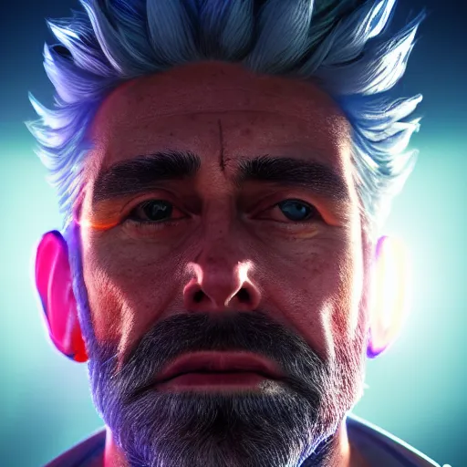 Image similar to portrait art of rick sanchez 8 k ultra realistic, lens flare, atmosphere, glow, detailed, intricate, full of colour, cinematic lighting, trending on artstation, 4 k, hyperrealistic, focused, extreme details, unreal engine 5, cinematic, masterpiece