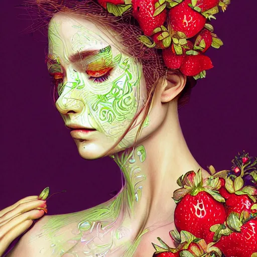 Prompt: the portrait of an absurdly beautiful, graceful, elegant, sophisticated woman made of strawberries and green petals, an ultrafine hyperdetailed illustration by kim jung gi, irakli nadar, golden ratio, intricate linework, bright colors, octopath traveler, final fantasy, unreal engine 5 highly rendered, global illumination, radiant light, detailed and intricate environment