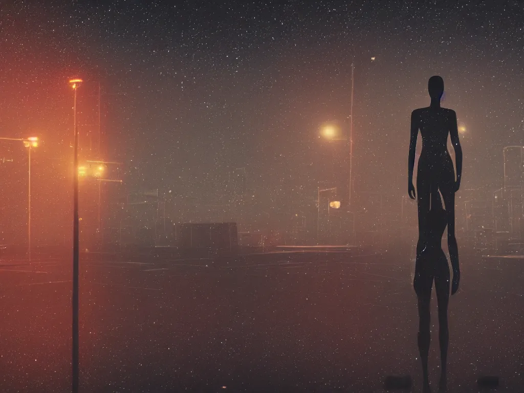 Prompt: mannequin made of starlight, staring into the infinite void, stars, galaxy, traffic lights, flaming city, lightnight, night time, streetlights, city, cinematic, introspective, photorealistic, volumetric lighting, octane render, clean linework, moody