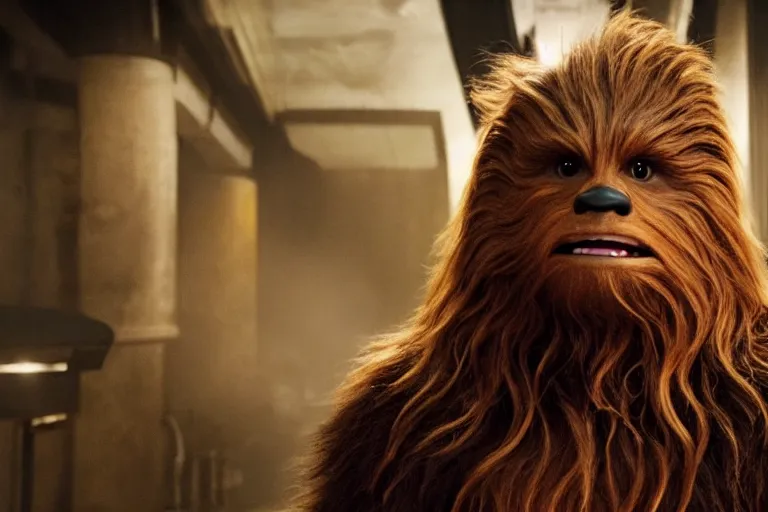 Prompt: A high quality movie still from a film starring Chewbacca as Batman