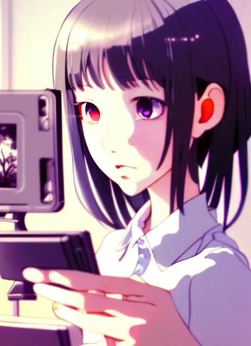 Prompt: a film still polaroid portrait of a young gamersgirl at a gaming pc, finely detailed features, perfect art, busy room, gapmoe yandere grimdark, trending on pixiv fanbox, painted by ilya kushinov makoto shinkai takashi takeuchi studio ghibli, akihiko yoshida, sachin teng, huang guangjian, artstation