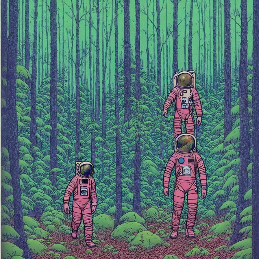 Image similar to ( ( ( ( an astronaut walking through a mysterious forest, with decorative frame design ) ) ) ) by mœbius!!!!!!!!!!!!!!!!!!!!!!!!!!!, overdetailed art, colorful, artistic record jacket design