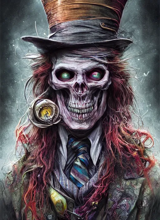 Image similar to mad hatter, call of cthulhu, half skull half face, highly detailed, cinematic, 8 k, by megan duncanson, benjamin lacombe, adrian borda, stanley artgermm, tom bagshaw, craig mullins, carne griffiths, ayami kojima, beksinski, giger, trending on deviantart, hyper detailed, horror, full of colour