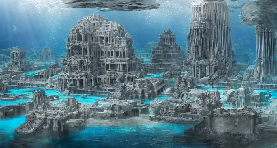 Image similar to a magnificent underwater view of the huge lost city of Atlantis, fully built buildings, white marble, hyper detailed, 4K