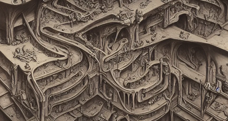 Image similar to the never-ending infinite hellscape, intricate, horrific, hellish, maddening, digital painting, artstation, concept art, smooth, sharp focus, illustration, art by M. C. Escher and H. R. Giger