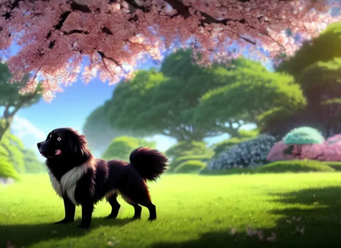 Image similar to a wholesome animation key shot of a black tibetan spaniel, cherry blossoms in the background, studio ghibli, pixar and disney animation, sharp, rendered in unreal engine 5, anime key art by greg rutkowski, bloom, dramatic lighting