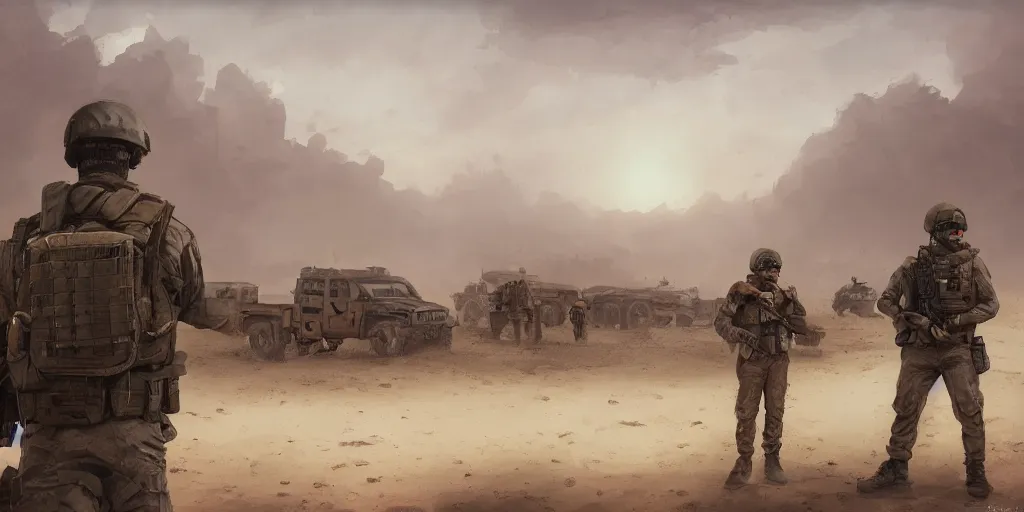 Image similar to private military company operatives standing outside immigration check point with severe sand storm across the sky, cinematic, realistic, detailed, intricate, digital art, ambient lighting, by jordan grimmer, pop art style, 3 5 mm film grain, artstation