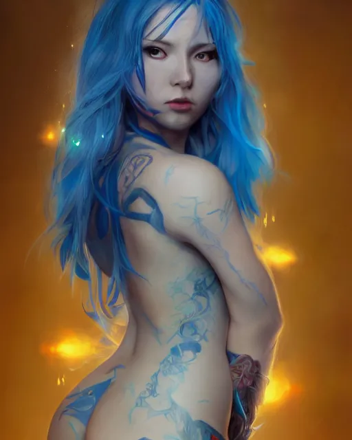 Prompt: stunningly beautiful female with a dragon back tattoo, blue hair, dj sura, laser lights, sharp focus, digital painting, 8 k, concept art, art by wlop, artgerm, greg rutkowski and alphonse mucha