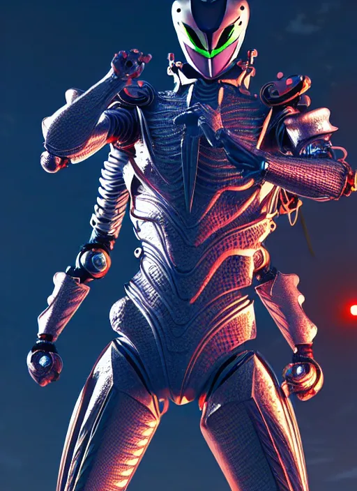 Image similar to kamen rider action pose, human structure insects concept art, full body hero, intricate detail, art and illustration by irakli nadar and kim hyung tae and alexandre ferra, global illumination, on tokyo cyberpunk night rooftop