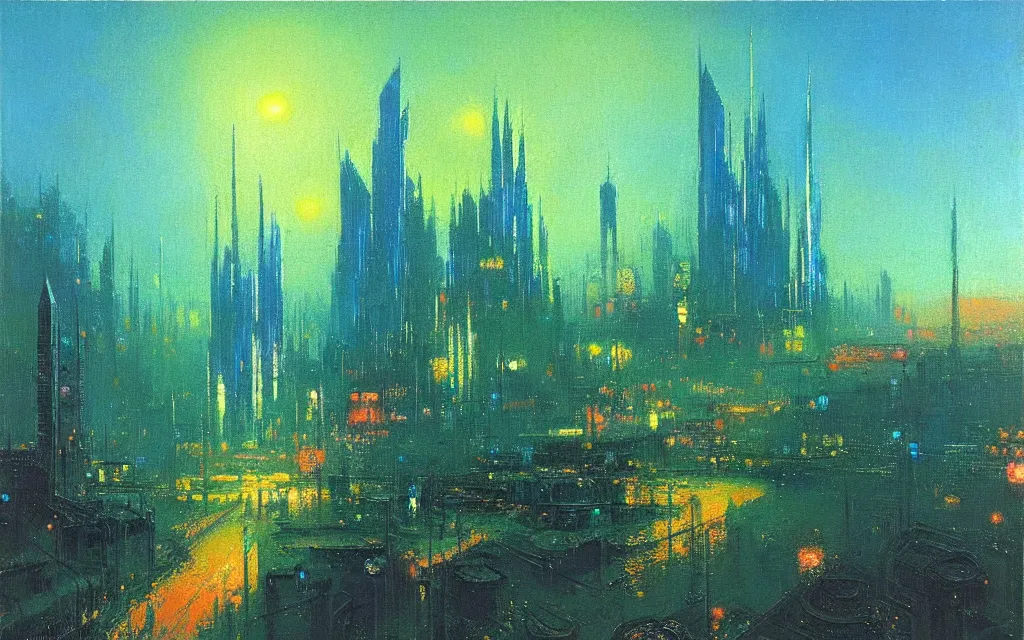 Prompt: hyperpop iridescent opal futurist cityscape blue green, future perfect, award winning oil painting by bruce pennington and odilon redon