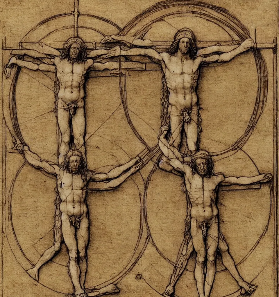 Image similar to Leonardo da Vinci's Vitruvian Man crucified on a cross, full body, centered